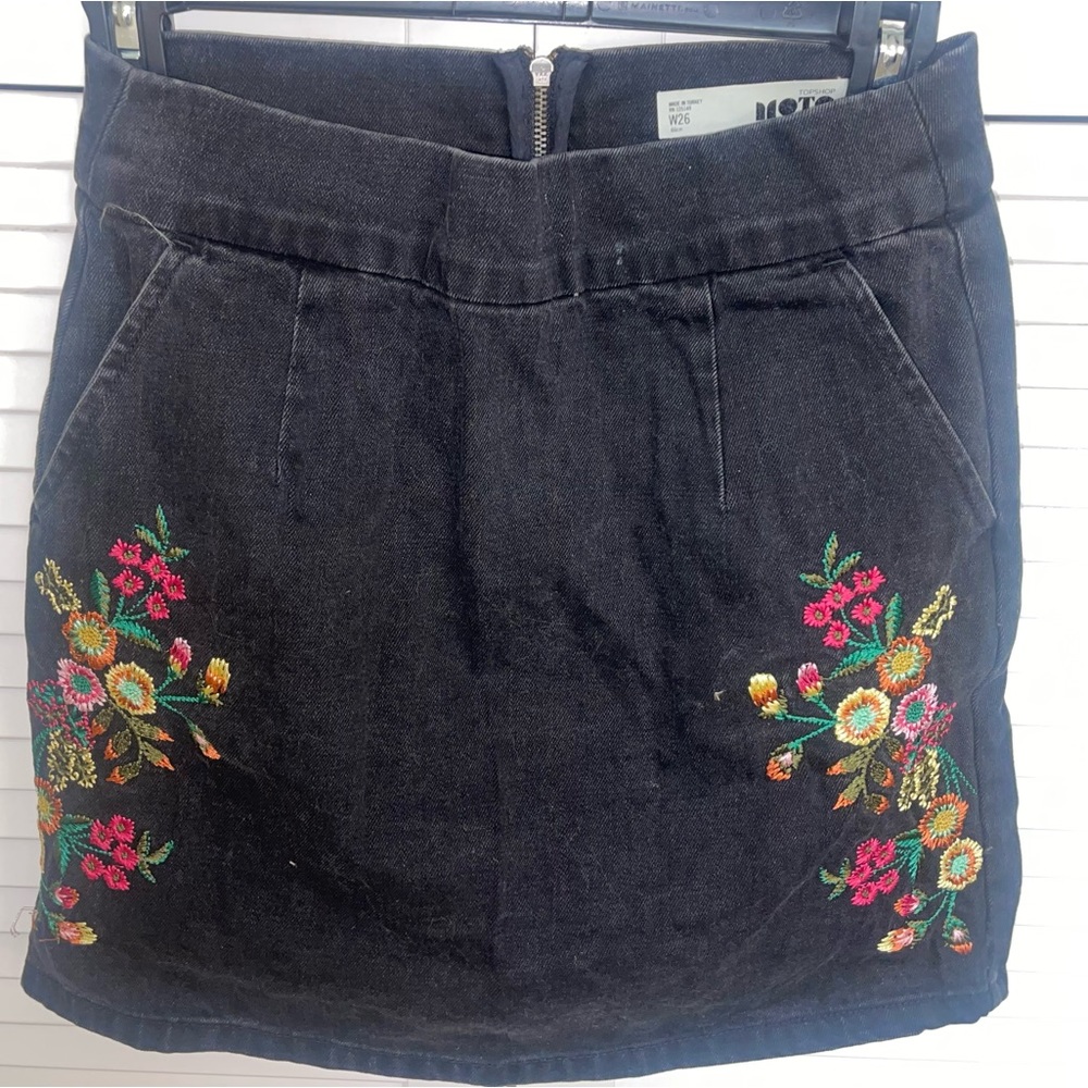 Topshop Black Denim Floral Embroidered Mini Skirt